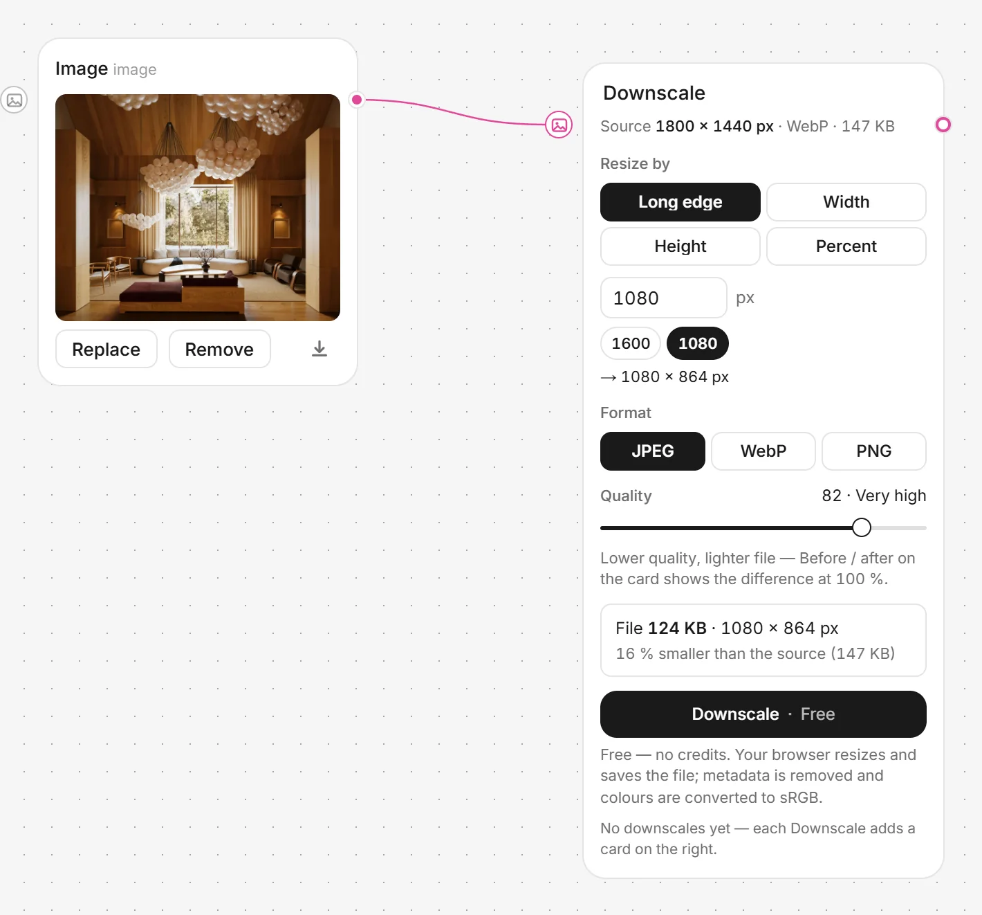 A Downscale card set to 1080 px: format, quality, the file it makes and its free Downscale button.